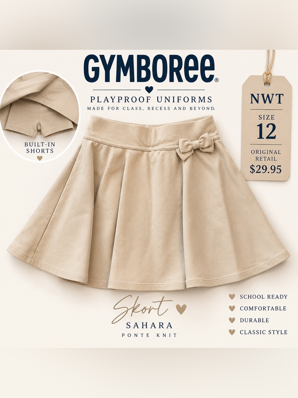 NWT Gymboree Girls 12 Sahara Ponte Bow Skort Playproof School Uniform